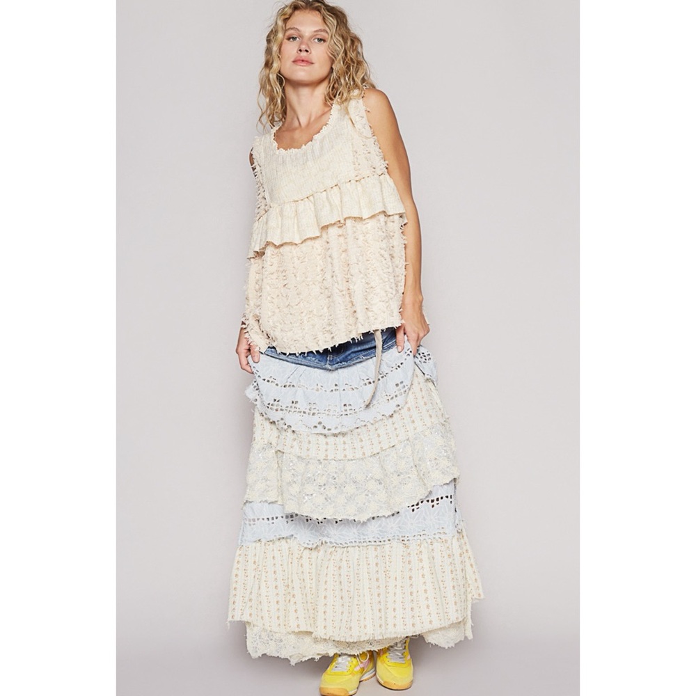 POL Cream and Blue Ruffle Layered Maxi Skirt - Picture 2 of 9
